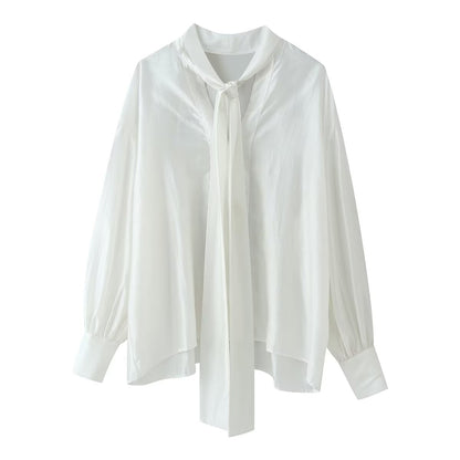 Sweet V-Neck Bowknot Straight Hem Long Sleeve Shirt