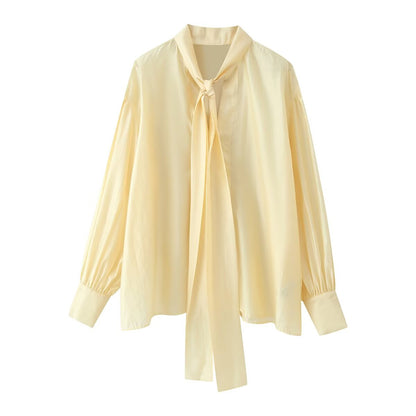 Sweet V-Neck Bowknot Straight Hem Long Sleeve Shirt
