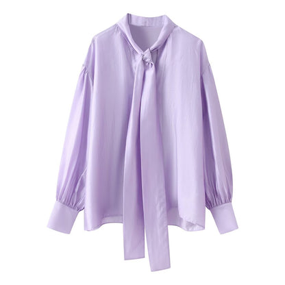 Sweet V-Neck Bowknot Straight Hem Long Sleeve Shirt