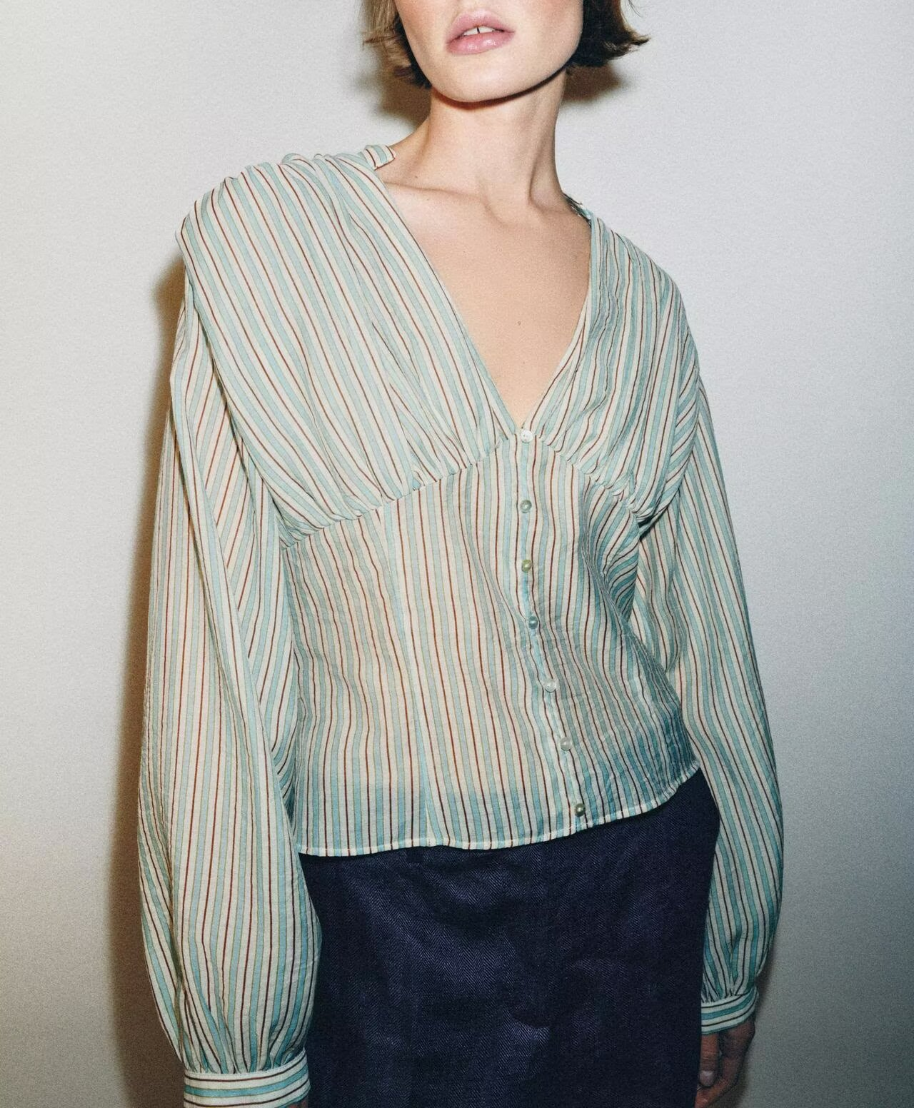 V-Neck Striped Waist-Trimming Casual Shirt
