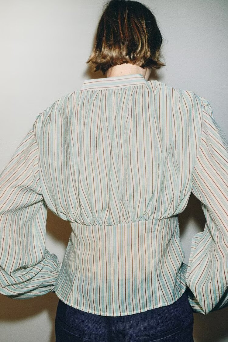 V-Neck Striped Waist-Trimming Casual Shirt