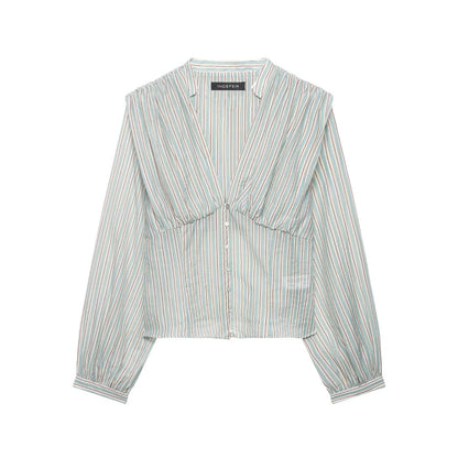 V-Neck Striped Waist-Trimming Casual Shirt