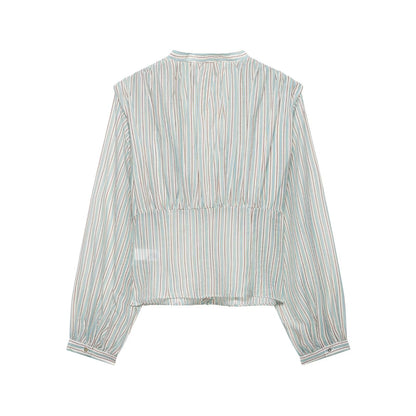 V-Neck Striped Waist-Trimming Casual Shirt