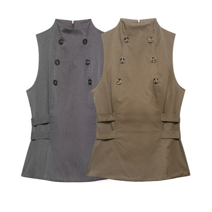 Button Turtleneck Sleeveless Vest Top