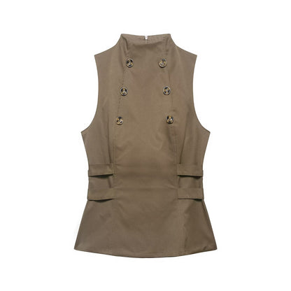 Button Turtleneck Sleeveless Vest Top