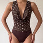 Retro Polka Dot Deep V Cowl Neck Sleeveless Bodysuit