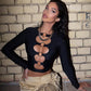 Metal Ring Hollow-Out Round Neck Long Sleeve Top