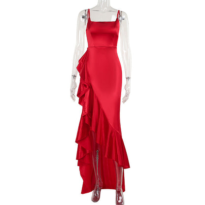 Spaghetti Strap Ruffle Slit Midi Dress
