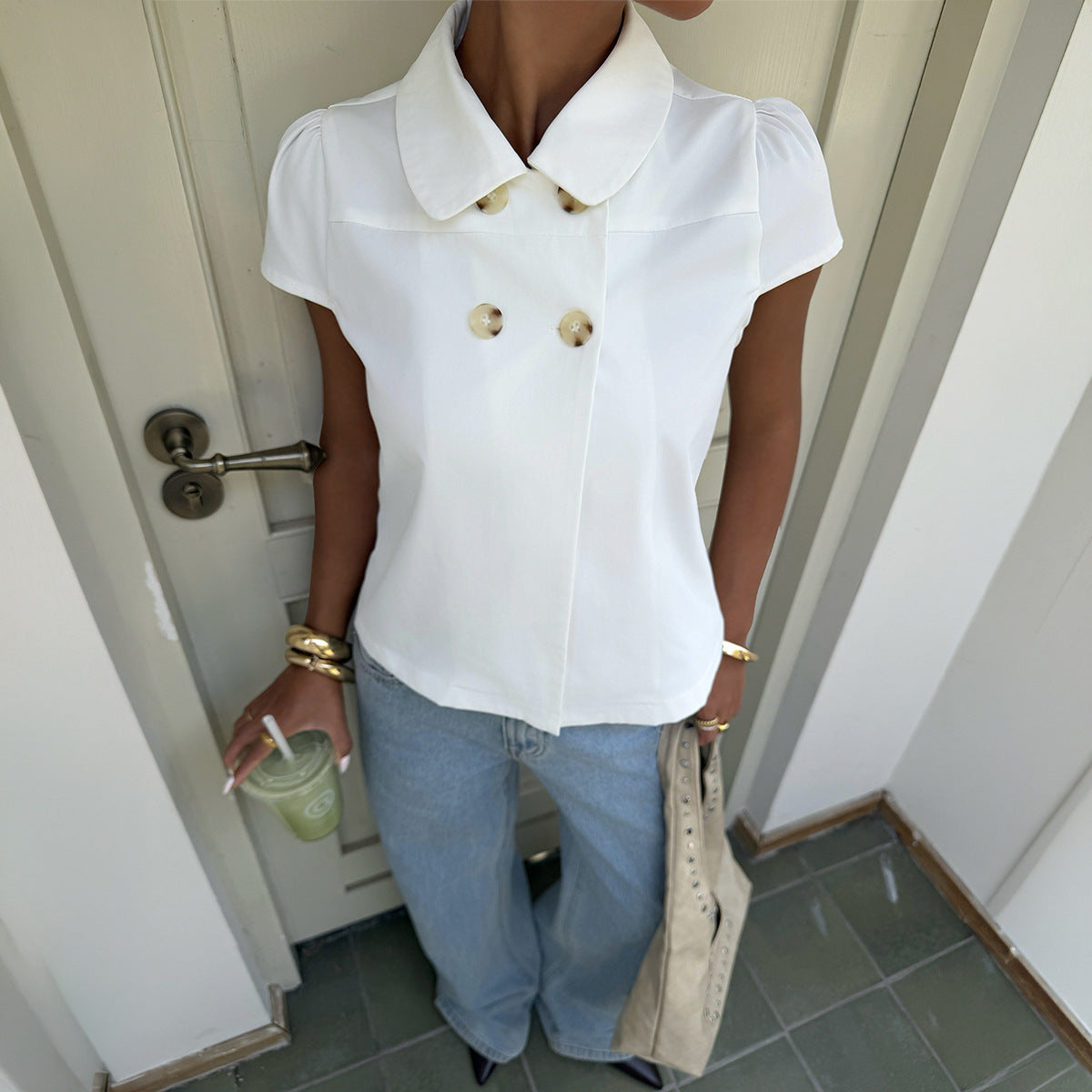 Elegant Button Short Sleeve Fitted Shirt Top