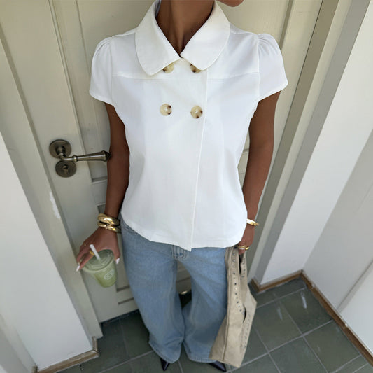 Elegant Button Short Sleeve Fitted Shirt Top
