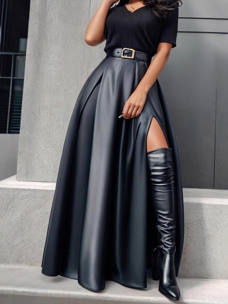 Faux Leather Large Swing Asymmetric Split Midi Skirt