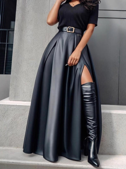 Faux Leather Large Swing Asymmetric Split Midi Skirt