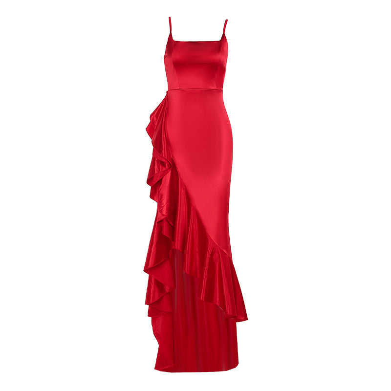 Spaghetti Strap Ruffle Slit Midi Dress
