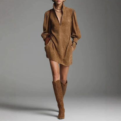 Solid Color Long Sleeve Zip Stand Collar Retro Dress