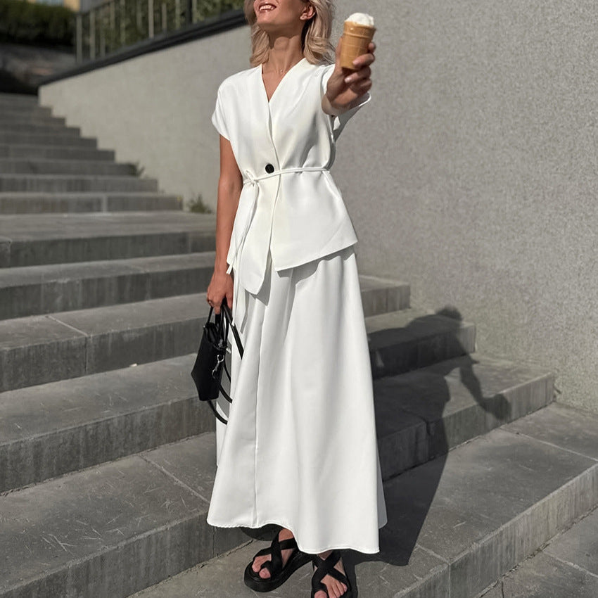 Lace-Up Waistcoat White Shirt & A-Line Skirt Two-Piece Set