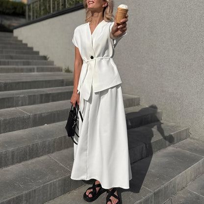 Lace-Up Waistcoat White Shirt & A-Line Skirt Two-Piece Set