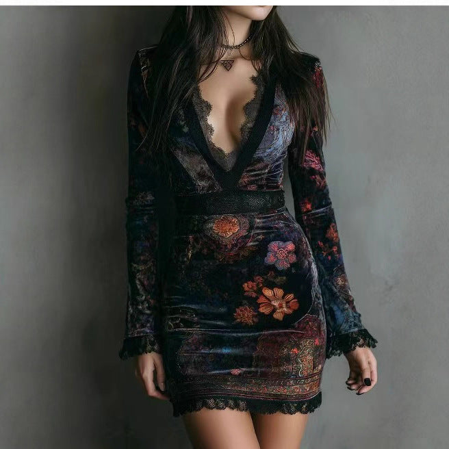 V-Neck Lace Printed Long Sleeve Waist-Trimming Hip Dress