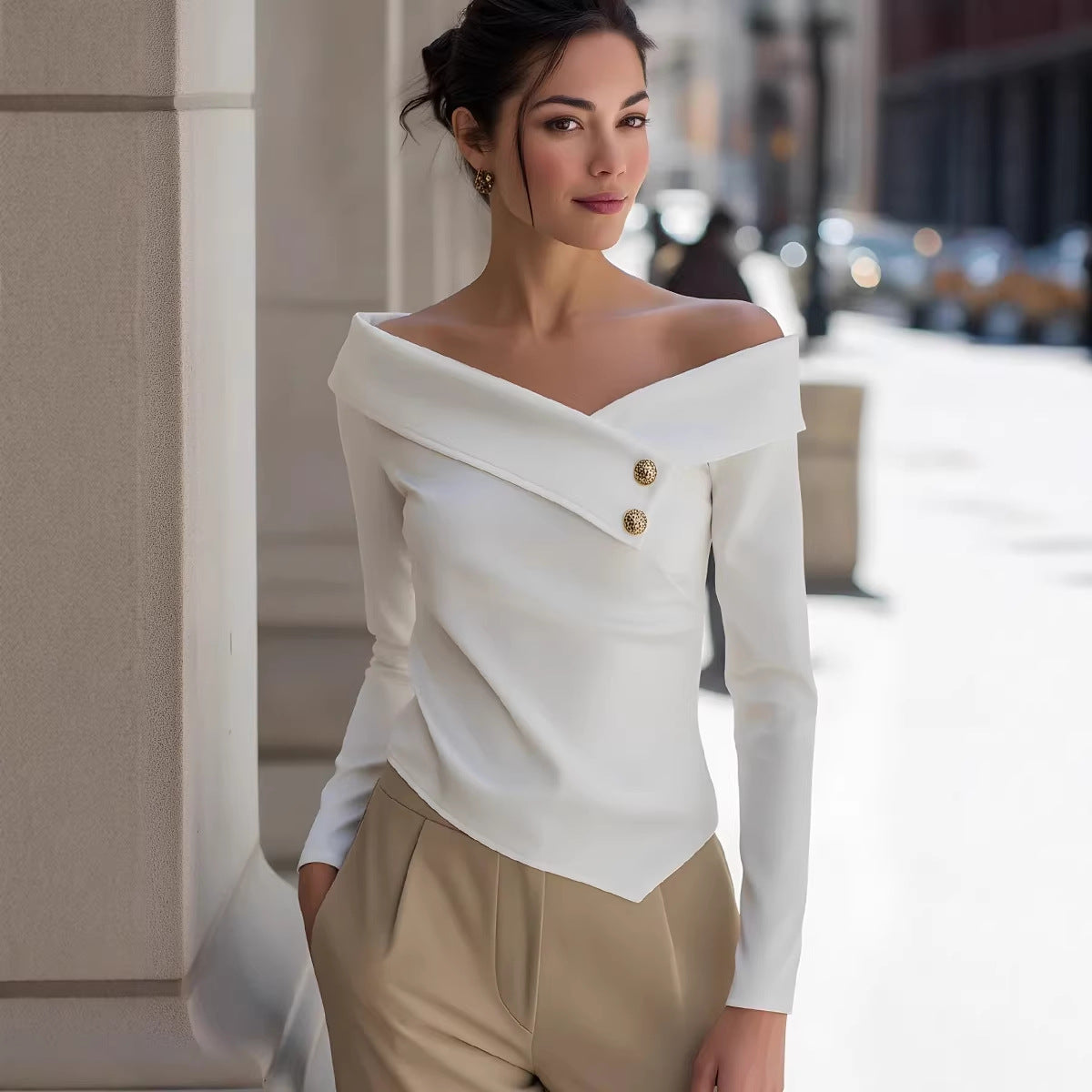Off-Shoulder Elegant Long Sleeve Solid Bottoming Top