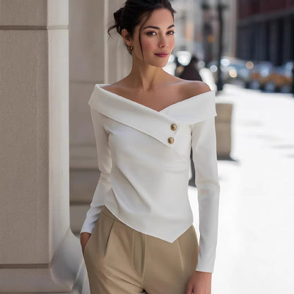 Off-Shoulder Elegant Long Sleeve Solid Bottoming Top