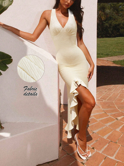 French Deep V Ruffle Backless Split Slim Maxi Dress