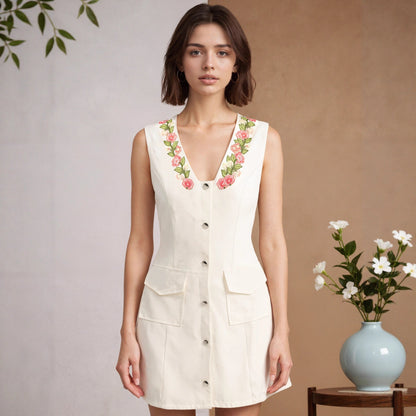 Gold Embroidered Sleeveless Waist-Tight Socialite Vest Dress