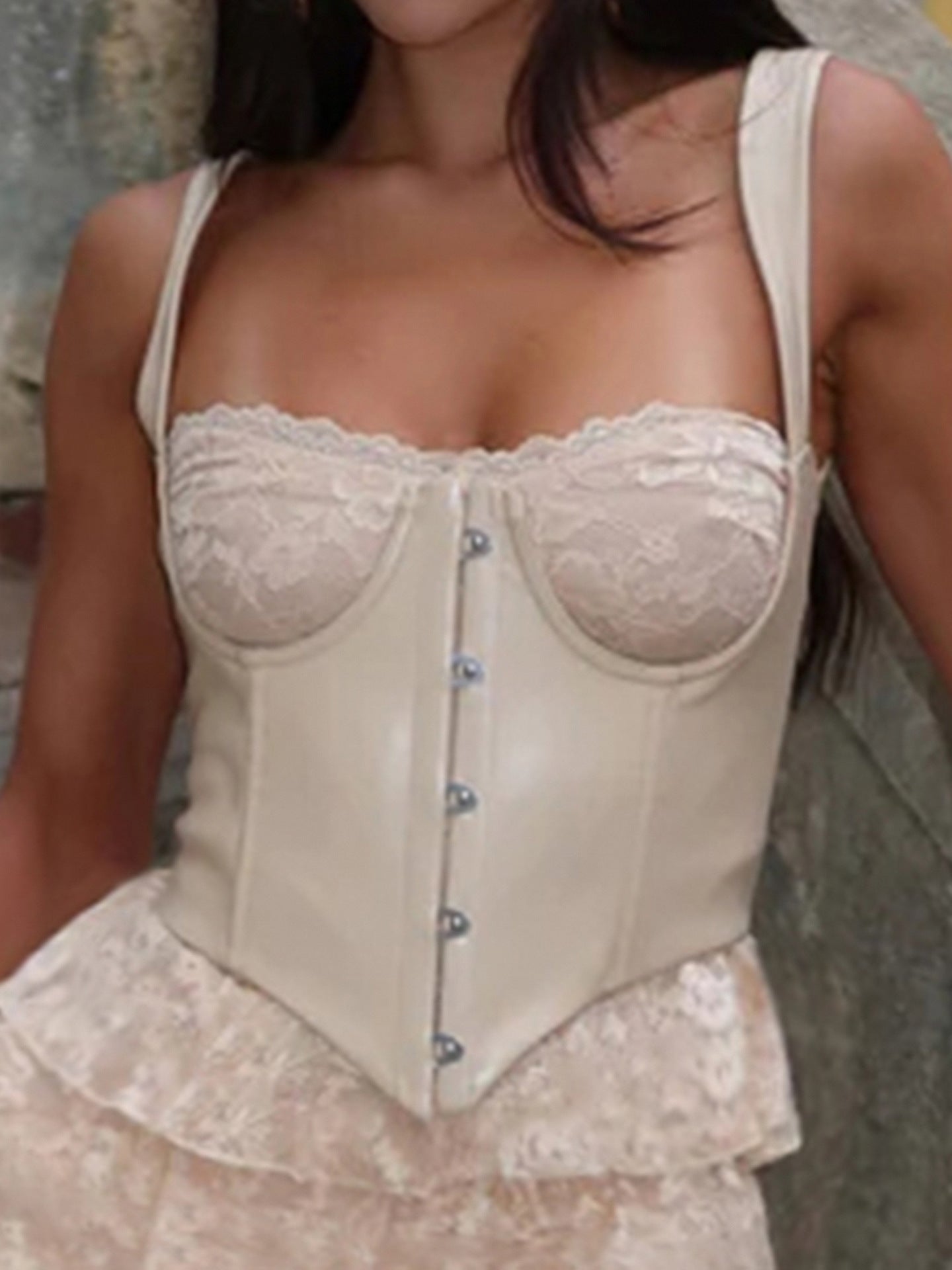 Leather Bra Strap Lace Stitching Puffy Tiered Dress Set