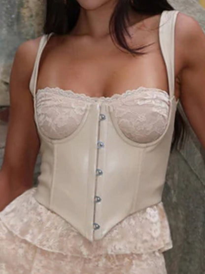 Leather Bra Strap Lace Stitching Puffy Tiered Dress Set