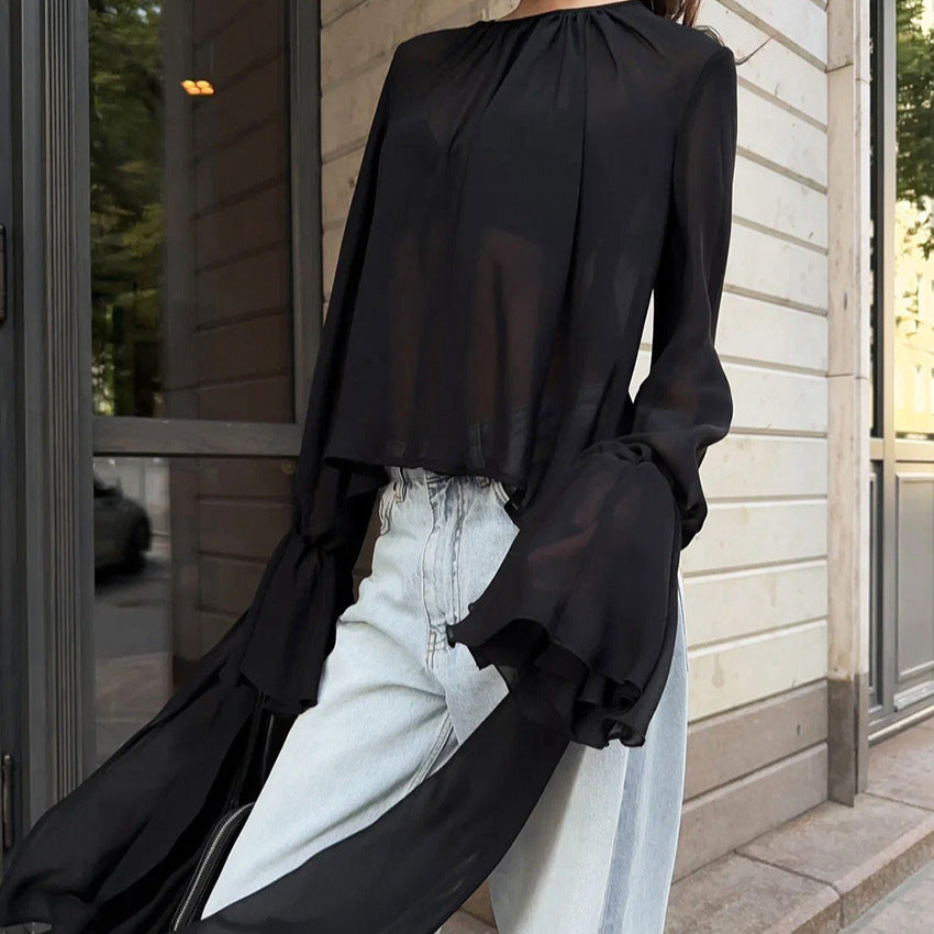 Mesh Ruffle Asymmetric Long Sleeve Chiffon Top