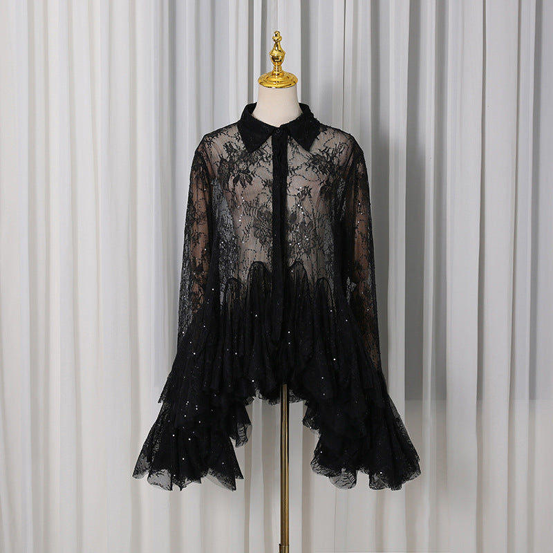 Polo Collar Single-Breasted Lace Stitching Waist-Controlled Long Sleeve Mini Dress