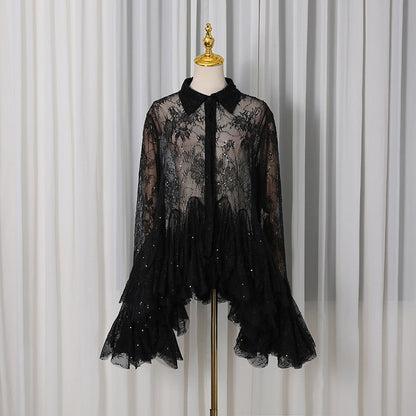 Polo Collar Single-Breasted Lace Stitching Waist-Controlled Long Sleeve Mini Dress