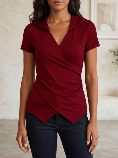 V-Neck Solid Slim Asymmetric Short Sleeve T-Shirt