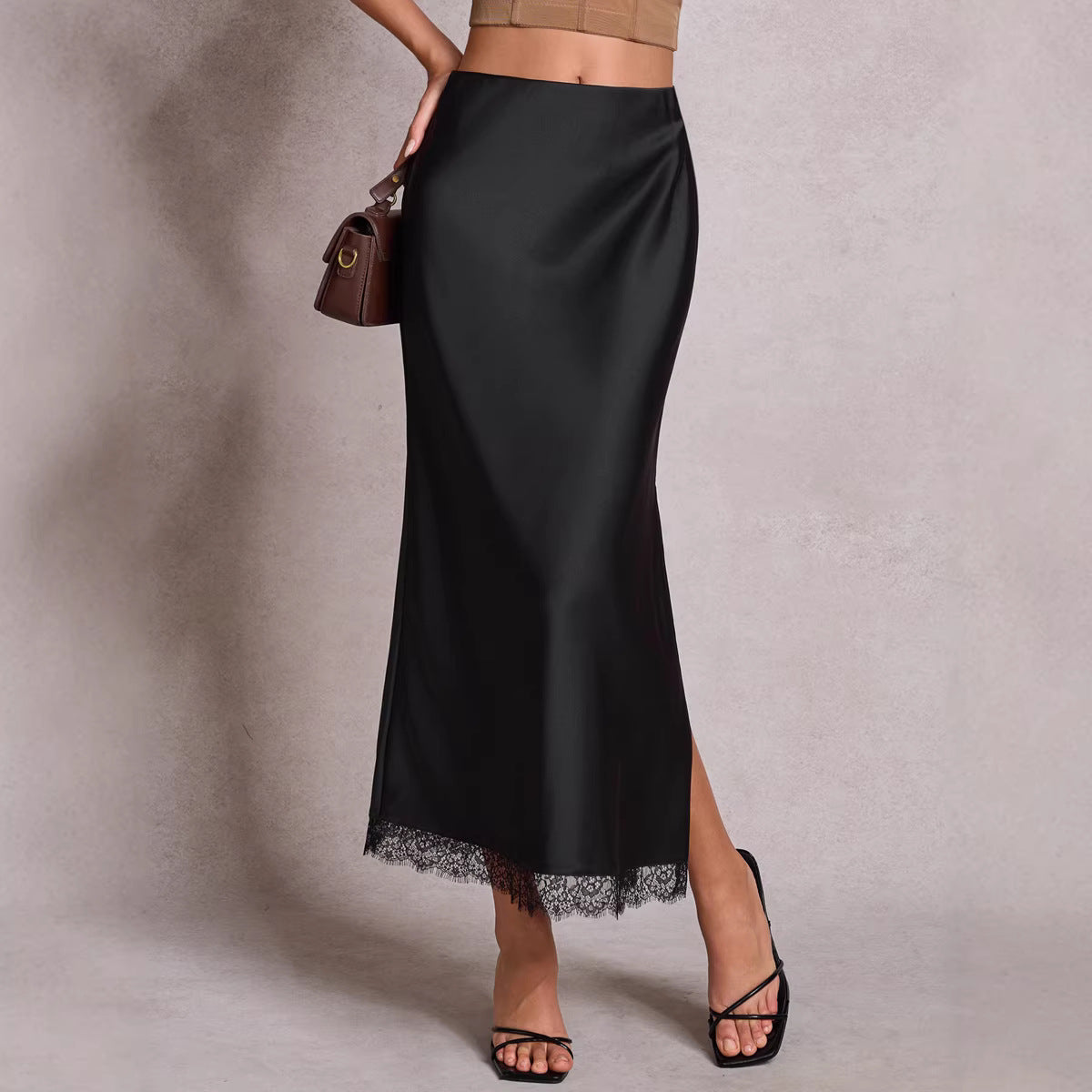 Satin Lace Split High Waist Sexy Pencil Skirt