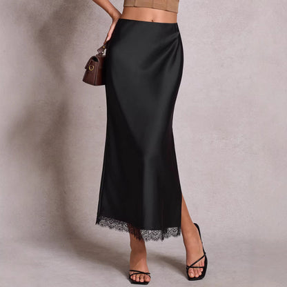 Satin Lace Split High Waist Sexy Pencil Skirt