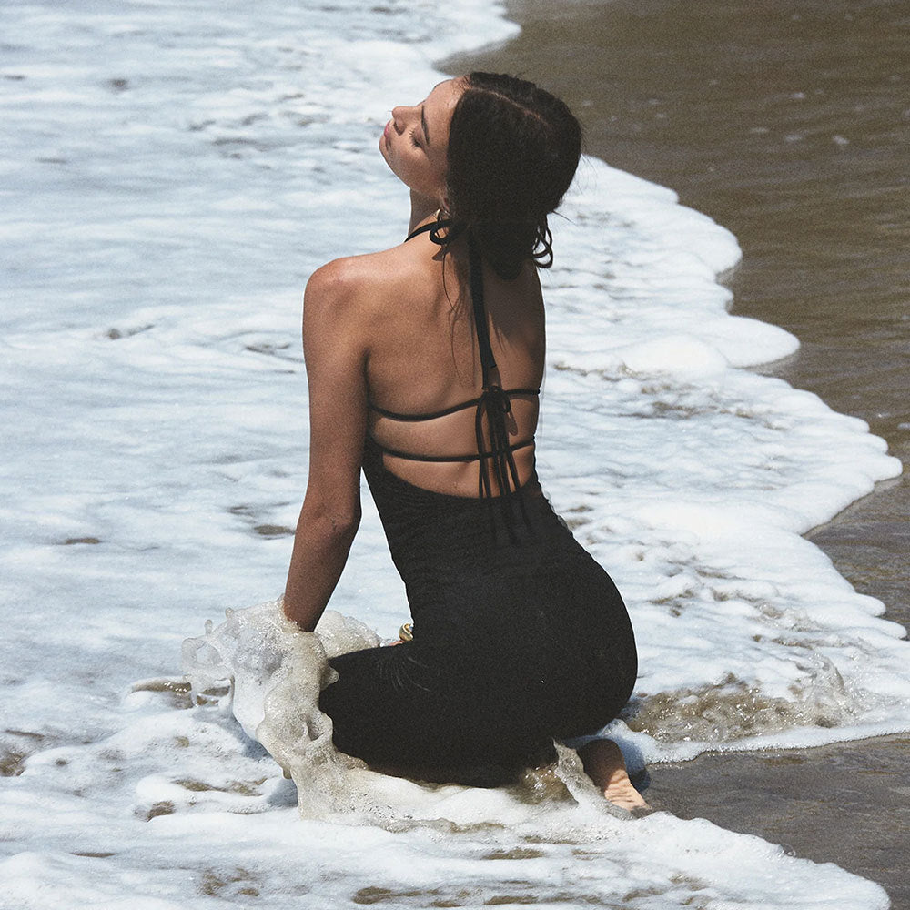 Hollow-Out Halter Backless Slit Slim Beach Dress