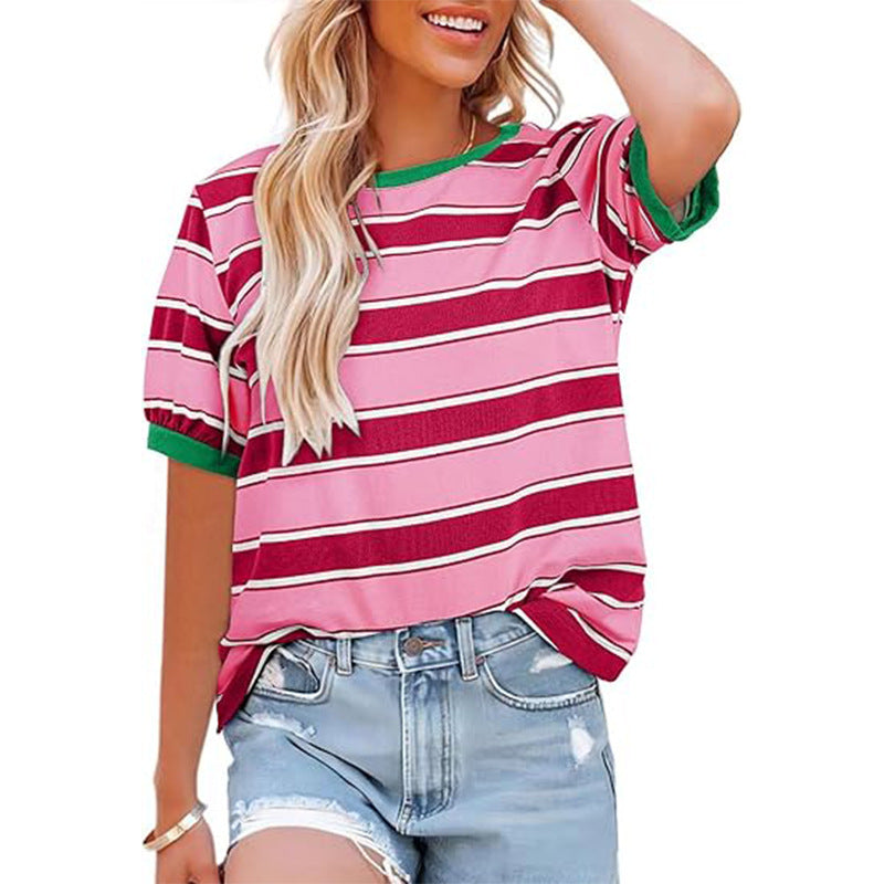 Color Contrast Striped Loose Round Neck Short Sleeve Tee