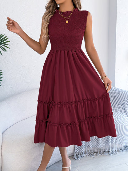 Smocked Waist-Tight Wooden Ear Large Swing Sleeveless Dress