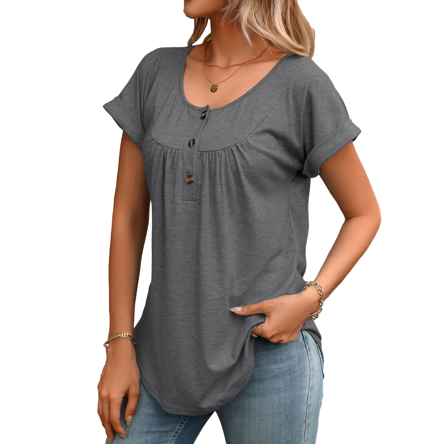 Solid Round Neck Button Loose Short Sleeve Tee