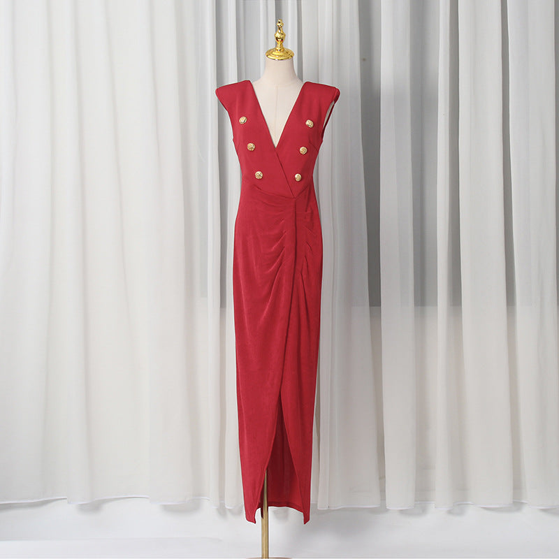 V-Neck Sleeveless Metal Accent Waist-Tight Split Dress