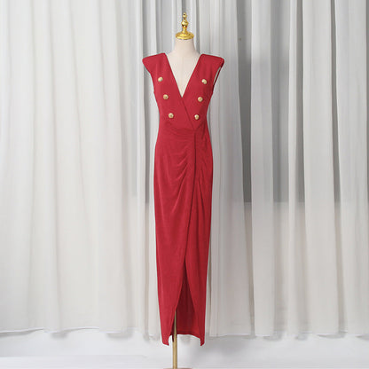V-Neck Sleeveless Metal Accent Waist-Tight Split Dress