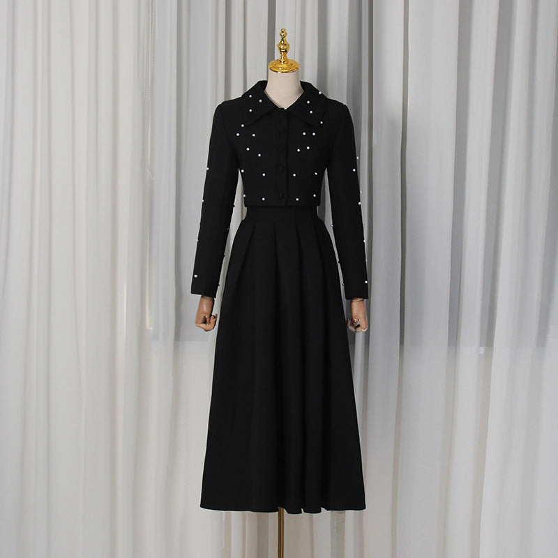 Beaded Collar Long Sleeve Pleated Slim Maxi Dress Two-Piece Set