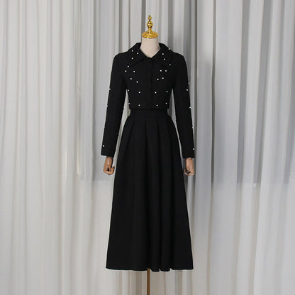 Beaded Collar Long Sleeve Pleated Slim Maxi Dress Two-Piece Set