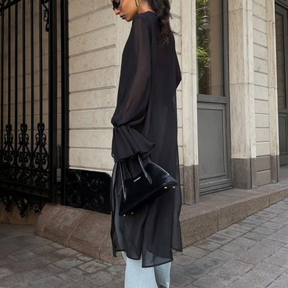 Mesh Ruffle Asymmetric Long Sleeve Chiffon Top