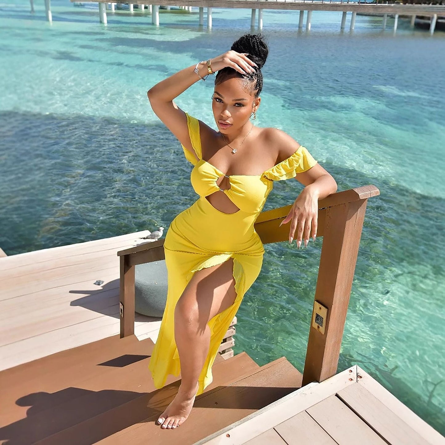 Off-Shoulder Tube Top Hollow-Out Slit Bodycon Dress