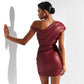 Faux Leather Diagonal Collar Pleated Sheath Dress