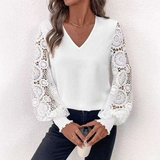 Embroidered V-Neck Long Sleeve Elegant Top