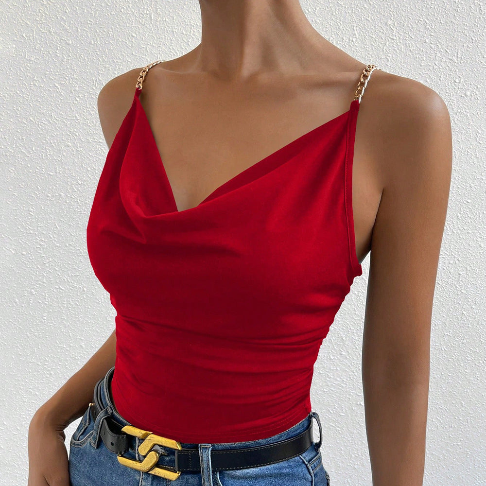 Red Pleated Waist-Tight Strapless Slim Vest Top