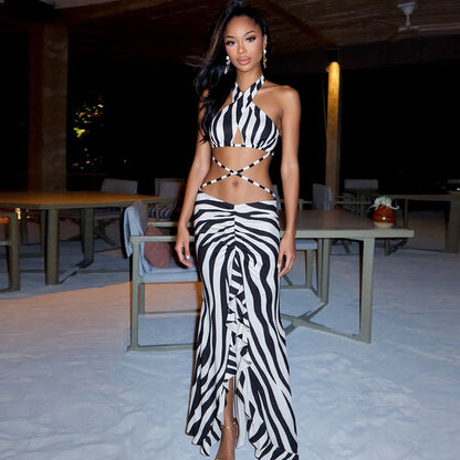 Backless Halter Bandage Split Fringe Maxi Dress