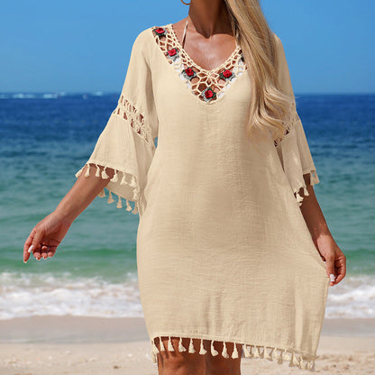 Rose Crochet Tassel Hollow-Out Beach Blouse Dress