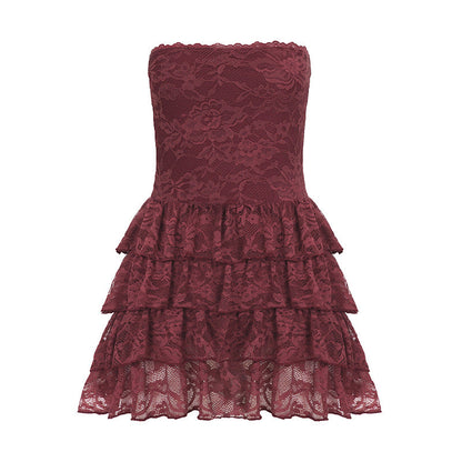 Leather Bra Strap Lace Stitching Puffy Tiered Dress Set