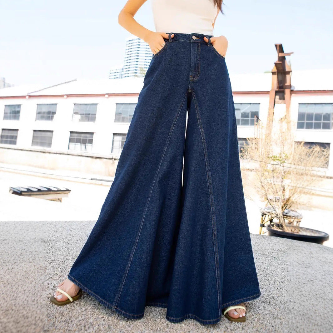 Elegant Wide Leg Stretch Washed Denim Jeans
